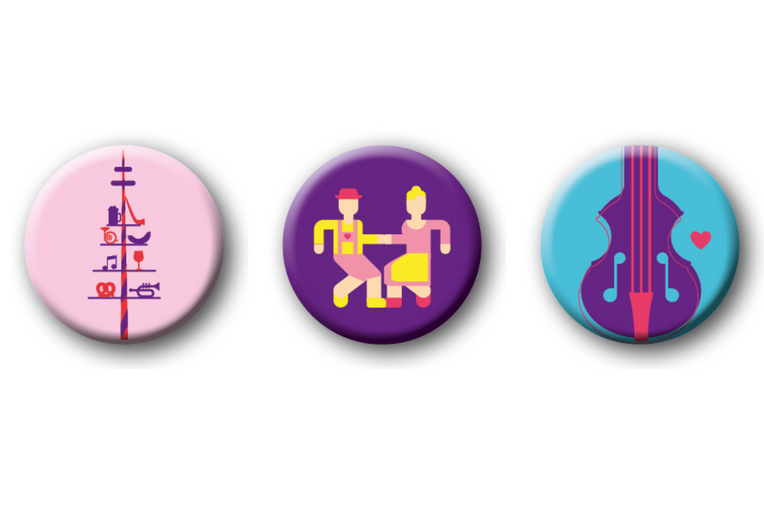 Drei Buttons, die einen Maibaum, ein tanzendes Paar und eine Geige zeigen